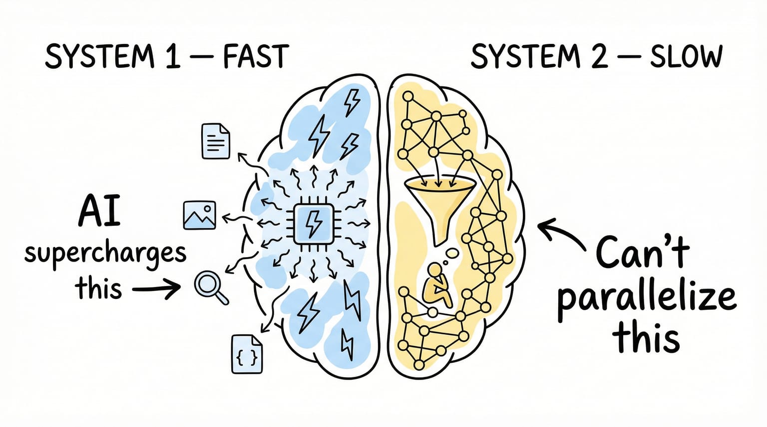 Kahneman's System 1 and System 2, mapped to AI work modes