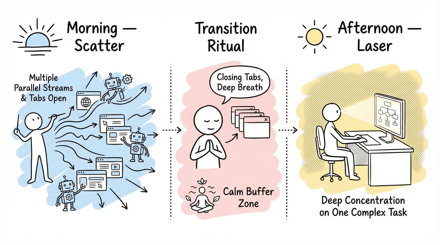 Daily practice: Scatter mornings, Laser afternoons, with a transition ritual