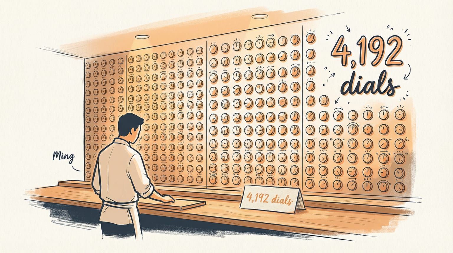 Ming stands at the omakase counter facing a wall of 4,192 judgment dials