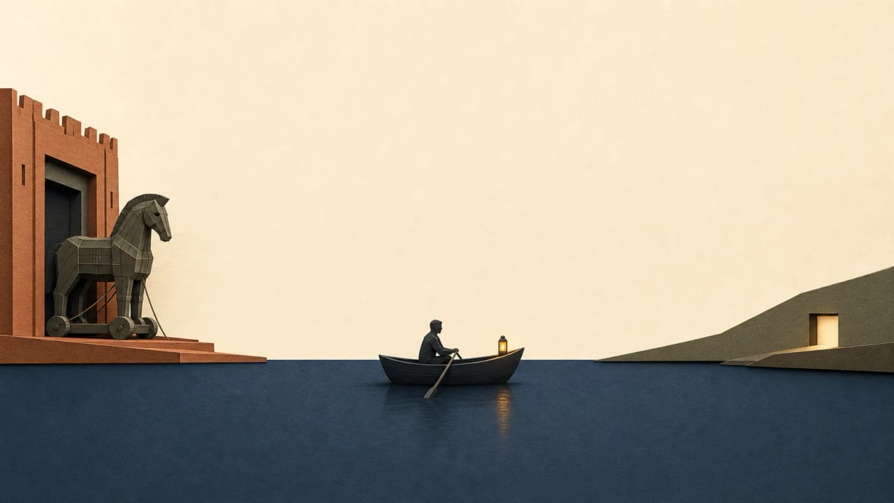A paper-cut Trojan horse stands still at a city gate while a lantern-lit rower crosses a calm sea toward a warm doorway