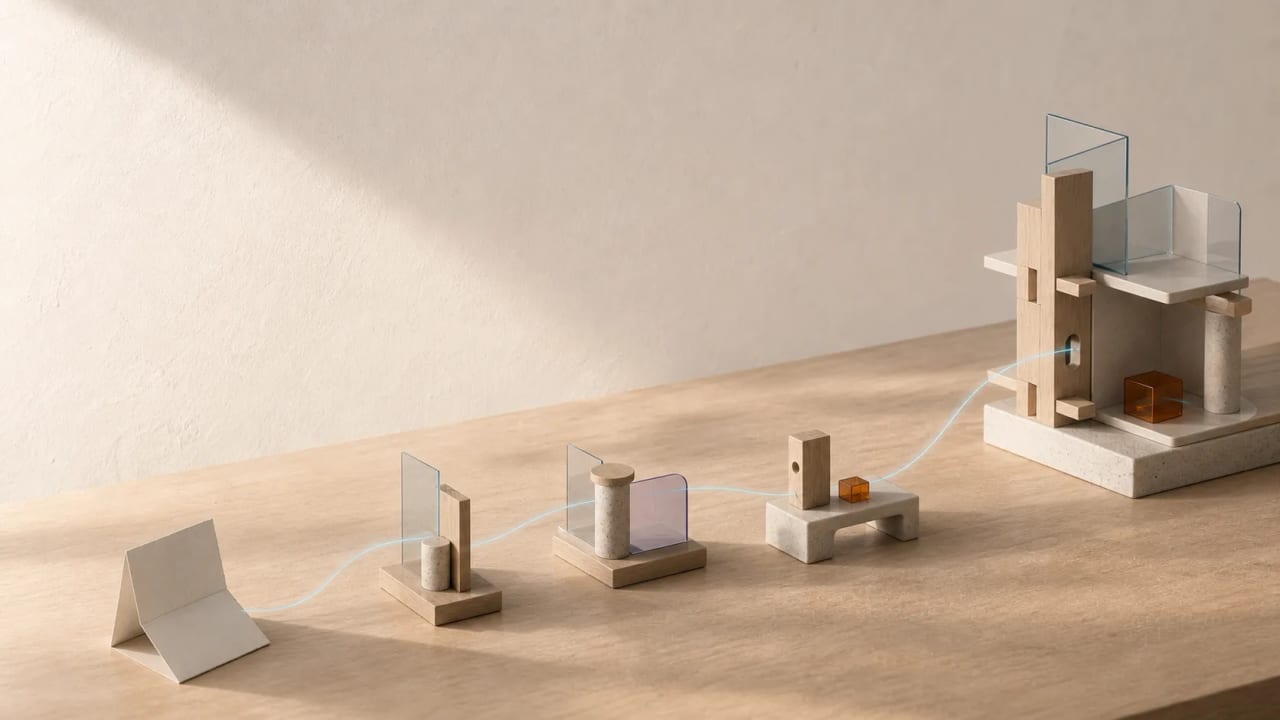 A paper idea follows a soft cyan thread through three small experiments and resolves into a stable modular system