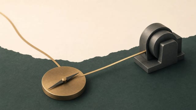 A brass path from a graphite engine passes through an unlabeled compass and turns toward open light on a deep green paper field