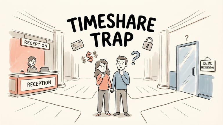 一对夫妻站在酒店好客与分时度假销售压力的十字路口