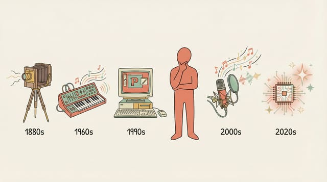 The evolution of creative tools from camera to AI with the constant human figure