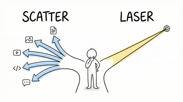 Two work modes — Scatter and Laser — and the human choosing between them