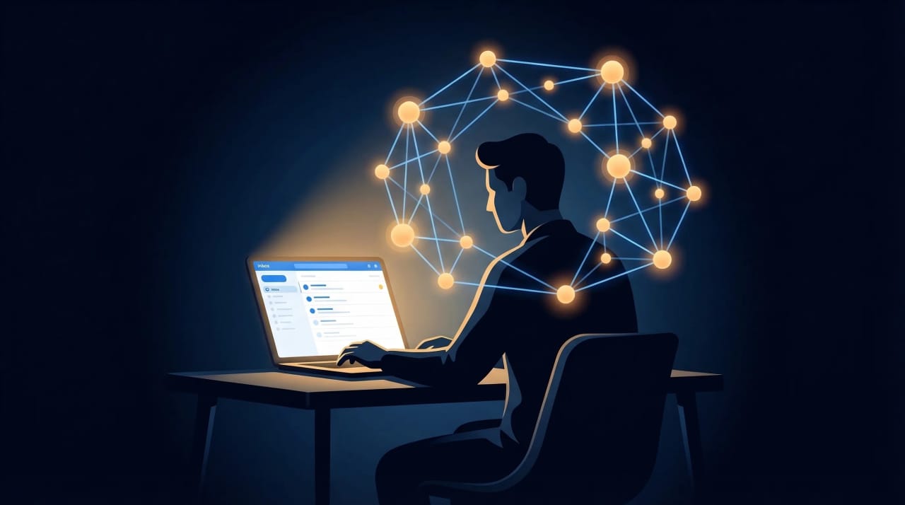 A person surrounded by glowing signal streams, representing intentional information filtering