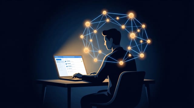 A person surrounded by glowing signal streams, representing intentional information filtering