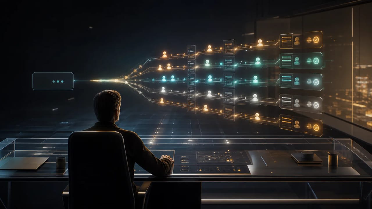 A human operator supervising multiple AI work streams from a control room