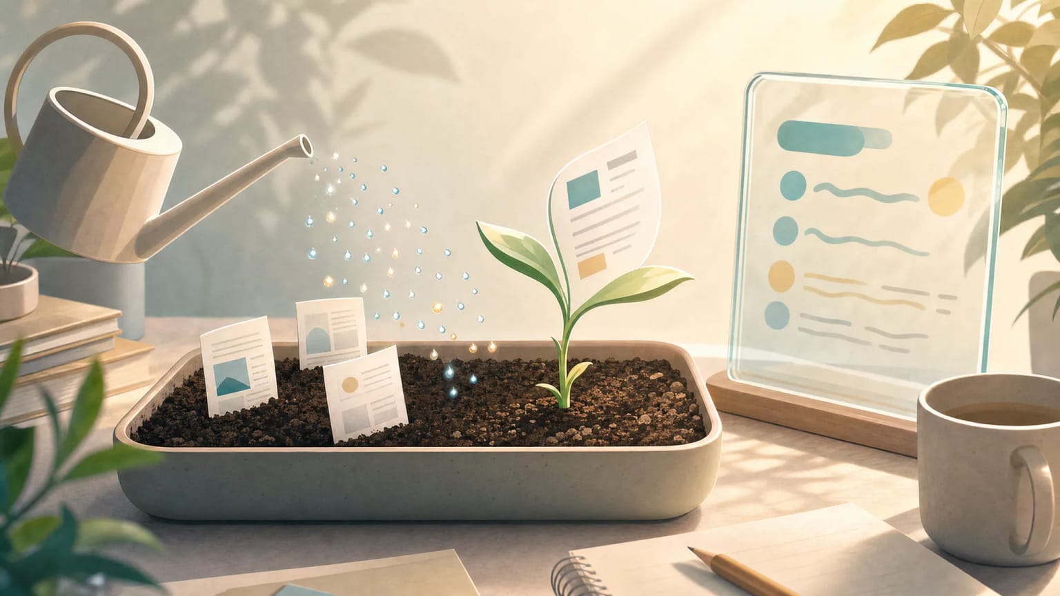 A blog growth feedback loop turning distribution metrics into the next content plan