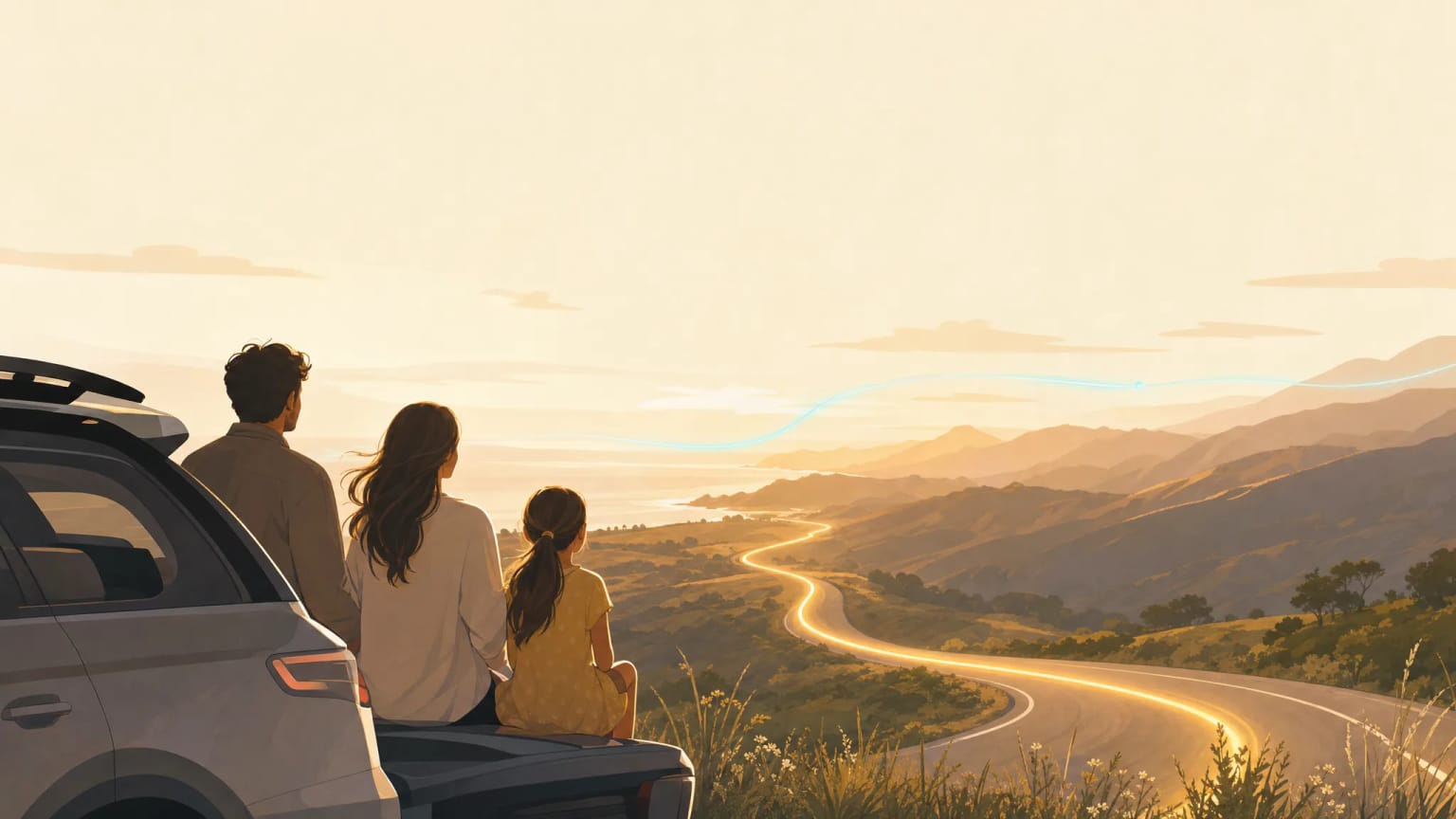 A quiet family road-trip scene where AI task routes recede into the background