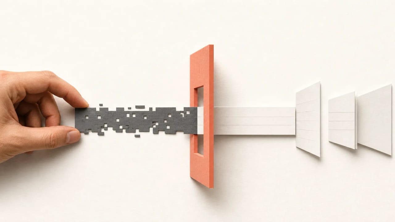 A human hand guides a provisional code strip through an authority gate where it becomes trusted records