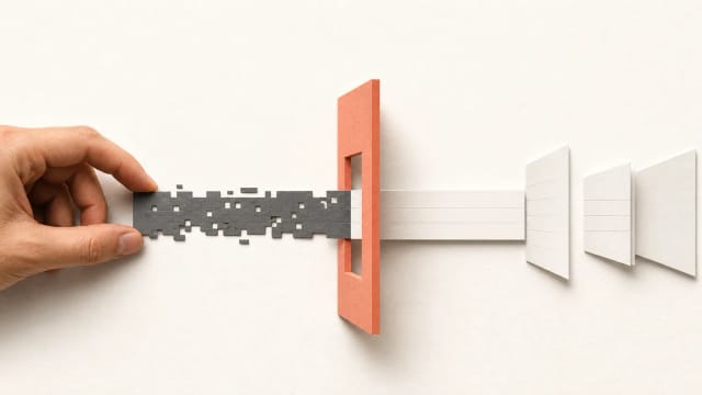 A human hand guides a provisional code strip through an authority gate where it becomes trusted records