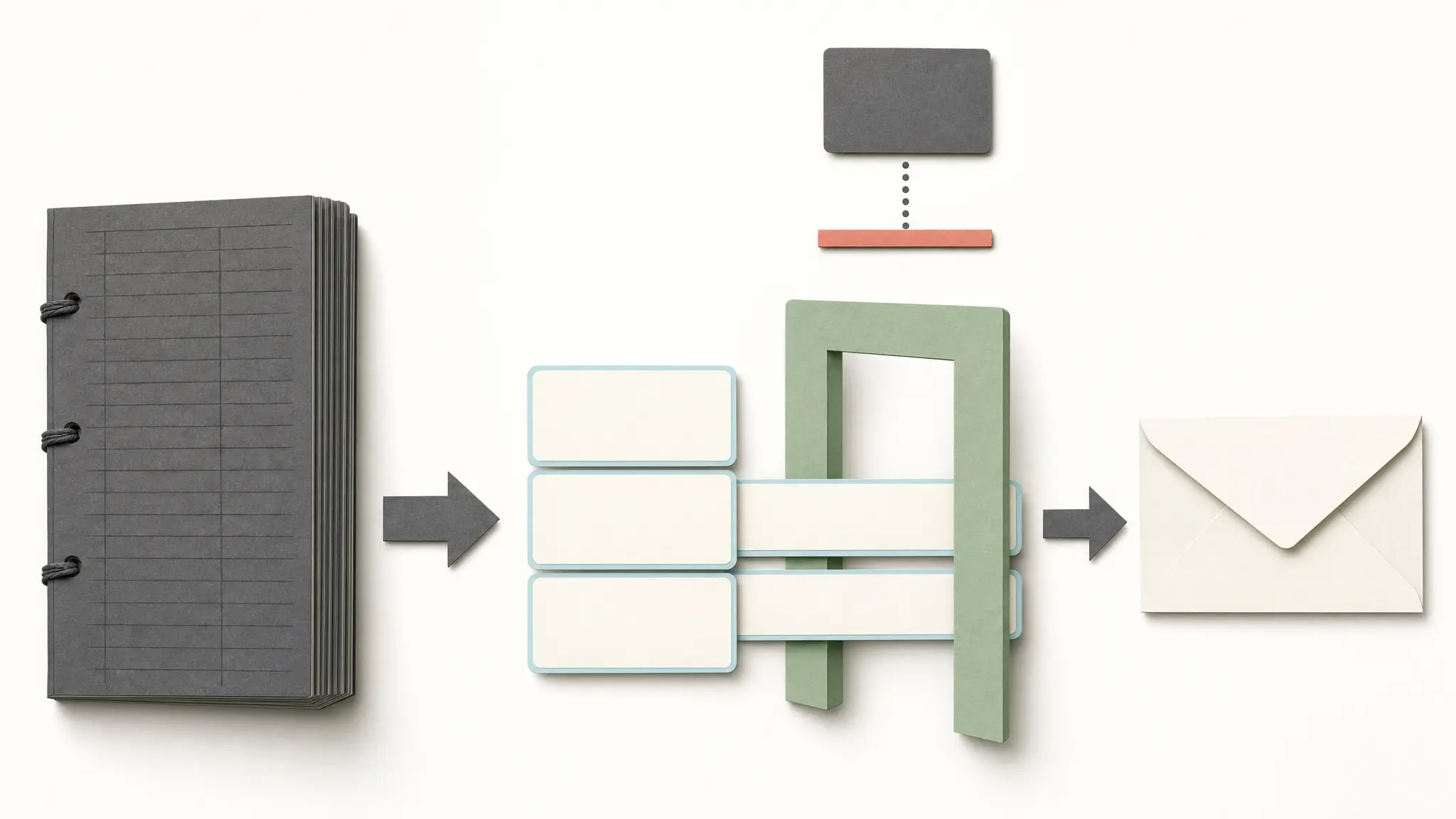 The session ledger derives exactly three cards that pass a green gate toward an outgoing envelope, while a stray card is stopped before the gate