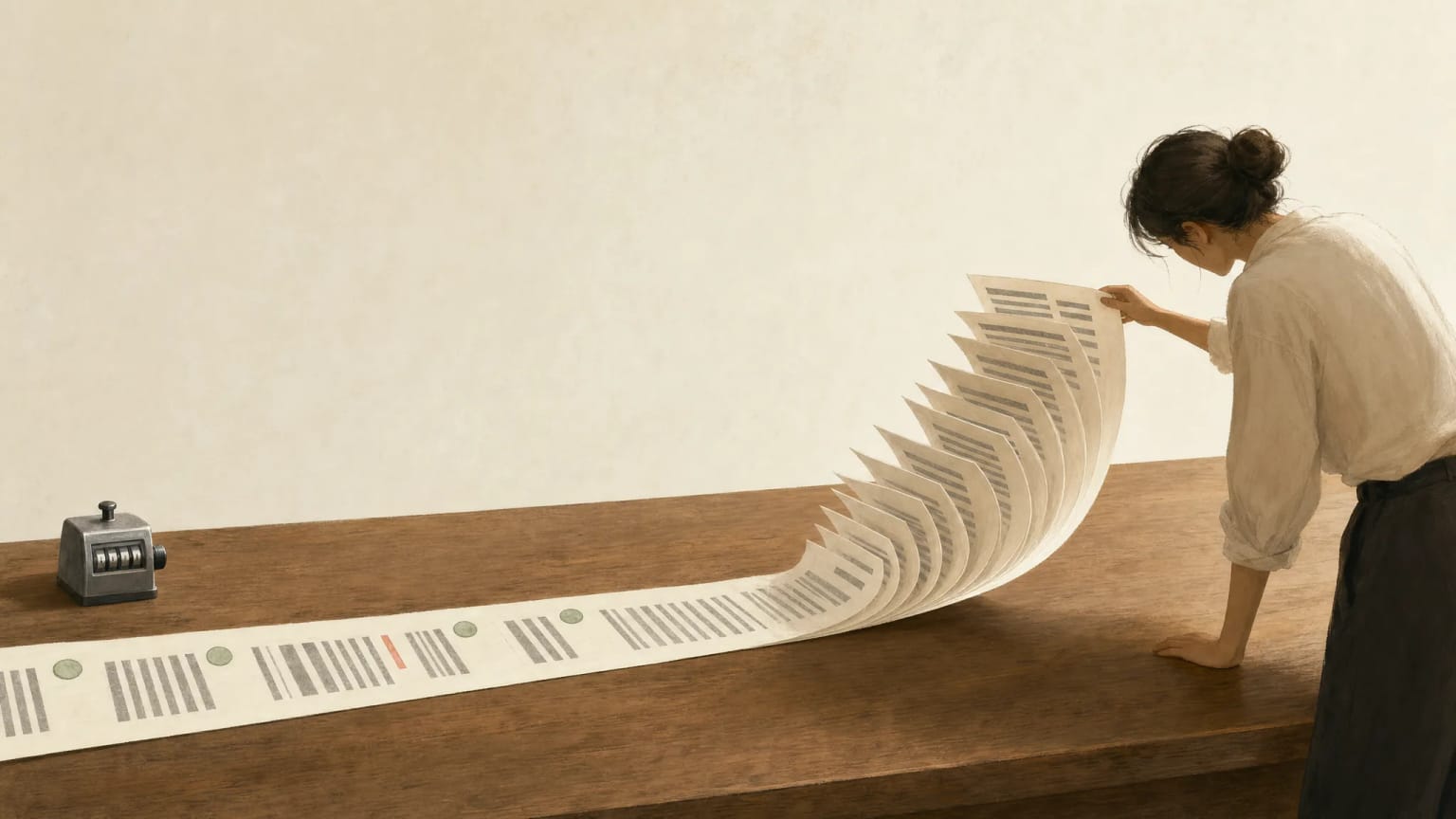 A reader lifts the fanned pages of a long contract scroll — everything after one small red mark must be re-read, while a counter ticks on the desk