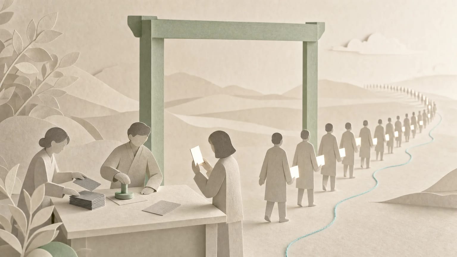 Three people sort, stamp, and read cards at a small table while a long line of identical paper figures carries bright cards through a green gate toward the horizon