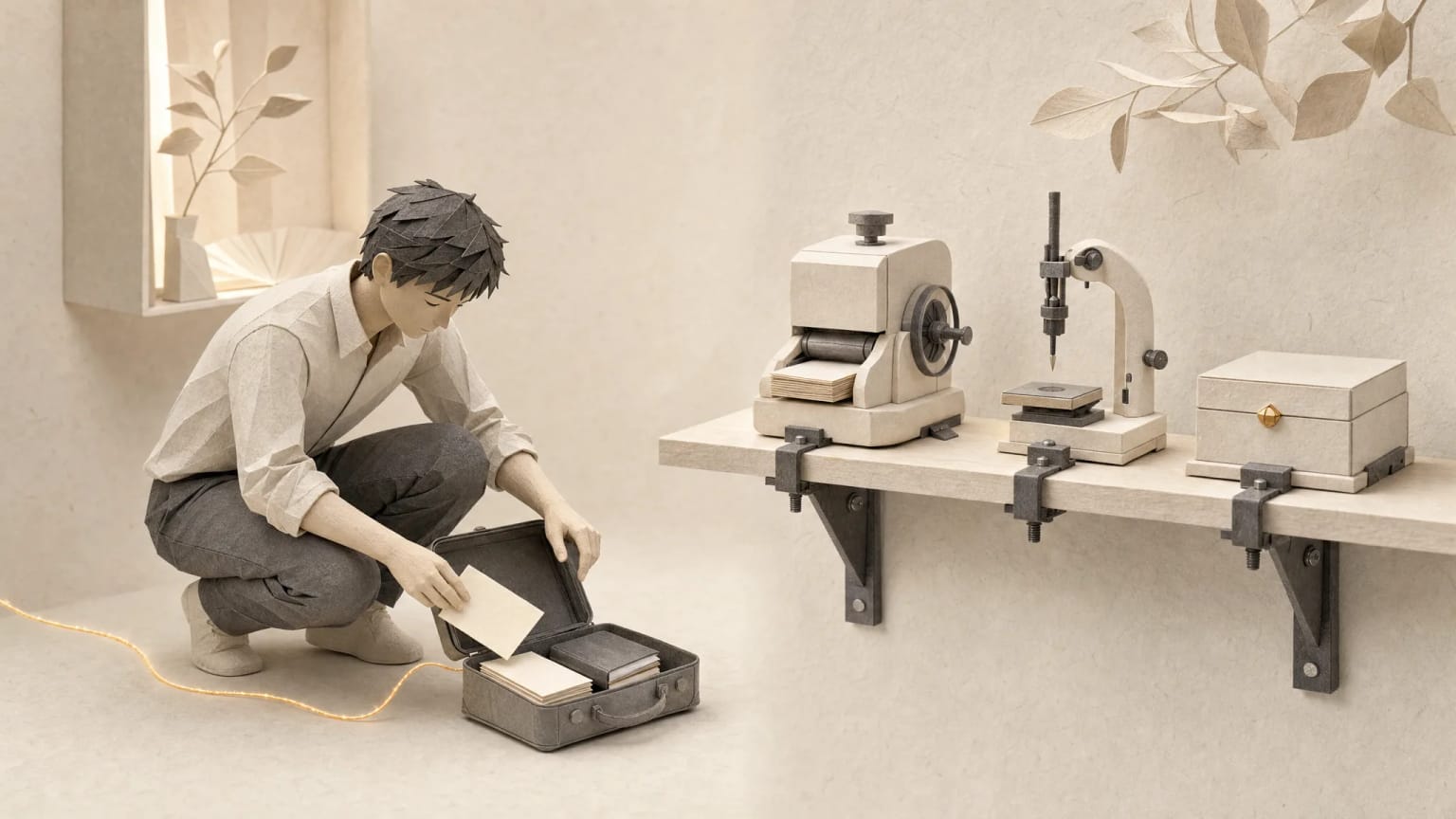 A figure packs a few cards and a notebook into a small carry case while the fine machines stay bolted to the shelf