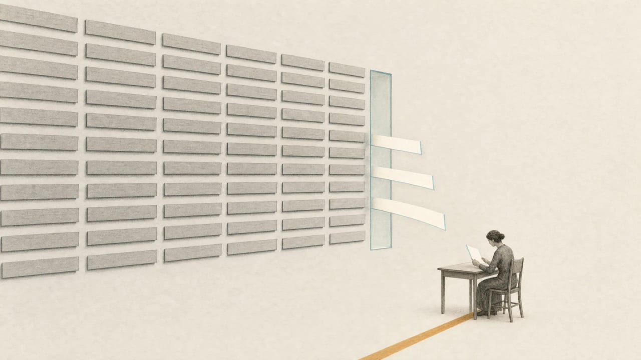Of 44 archived ledger strips, only three bright cards pass through a narrow glass aperture toward a reader at a desk