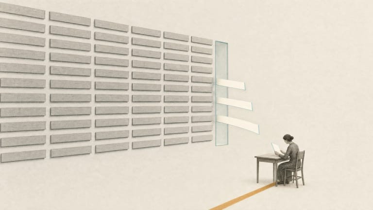 Of 44 archived ledger strips, only three bright cards pass through a narrow glass aperture toward a reader at a desk
