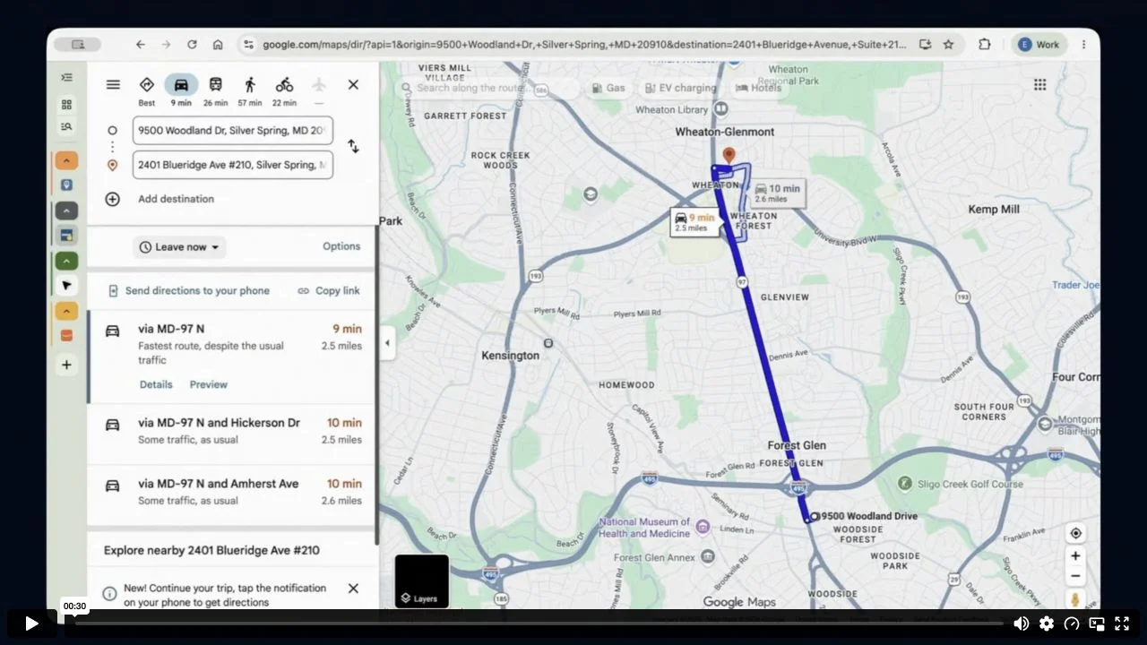 Google Maps route comparison in OpenAI's pediatrician-search demonstration