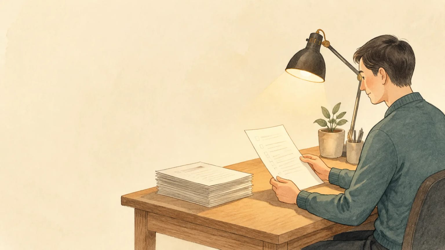 Reviewing completed work under a lamp, an editorial illustration