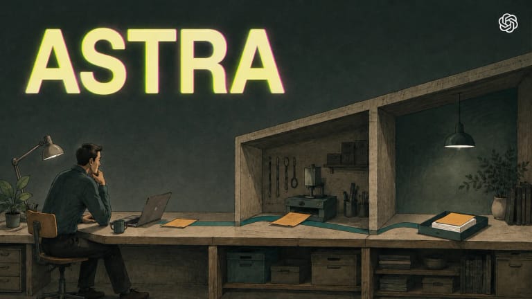 ASTRA 发布风格字样、OpenAI 标志与真实工作场景插画