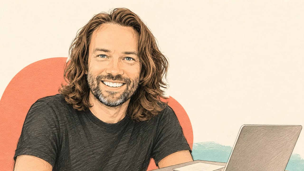 Editorial cartoon portrait of DHH with a laptop on a warm paper background