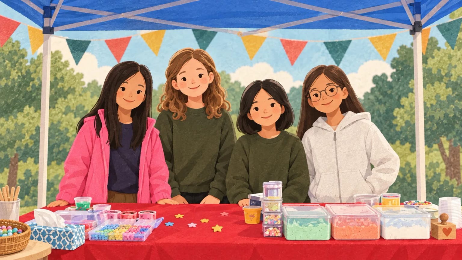 Illustration based on the fair photos: four classmates stand behind their red-covered stall under the blue canopy, with their handmade goods on the table.