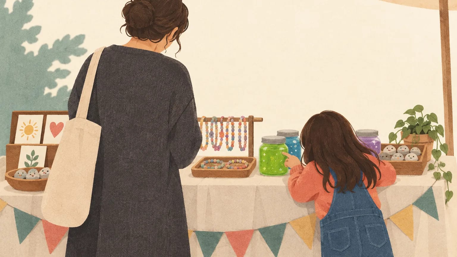 Illustration of a child focusing on the slime at a stall while an adult looks on.