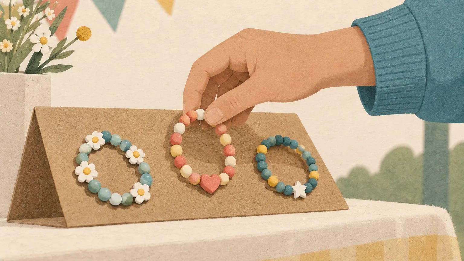 Illustration of a hand choosing a finished bracelet from a simple display.