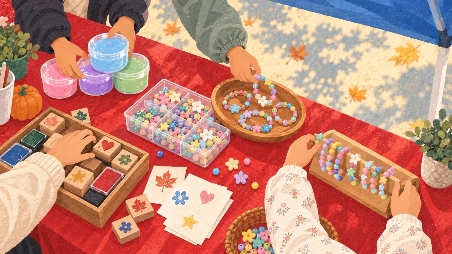 Interpretive illustration of several hands bringing slime, stamps, and bracelets to one red table; it does not document the girls' exact task assignments.