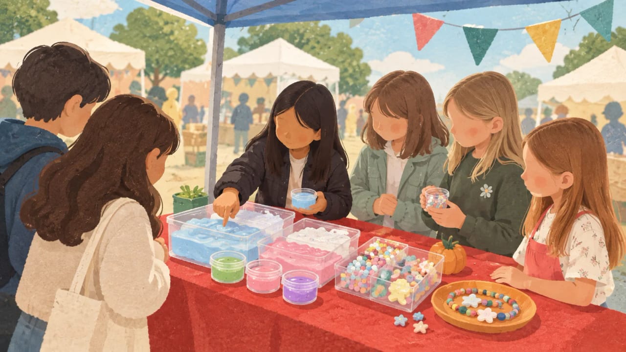 Illustration of a school fair stall under a blue canopy, with a red table and handmade goods