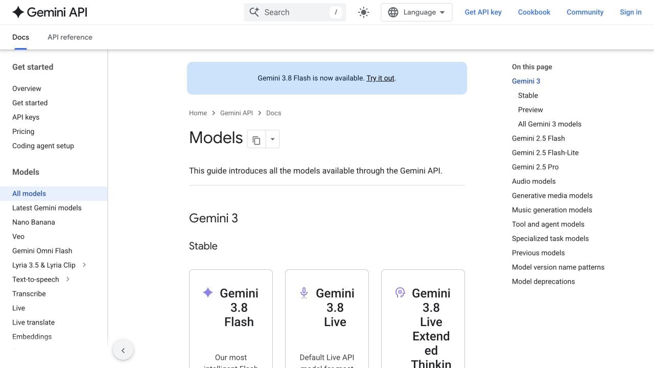 The official Gemini API catalog opened on October 2, with the Models heading and Gemini 3 listings visible