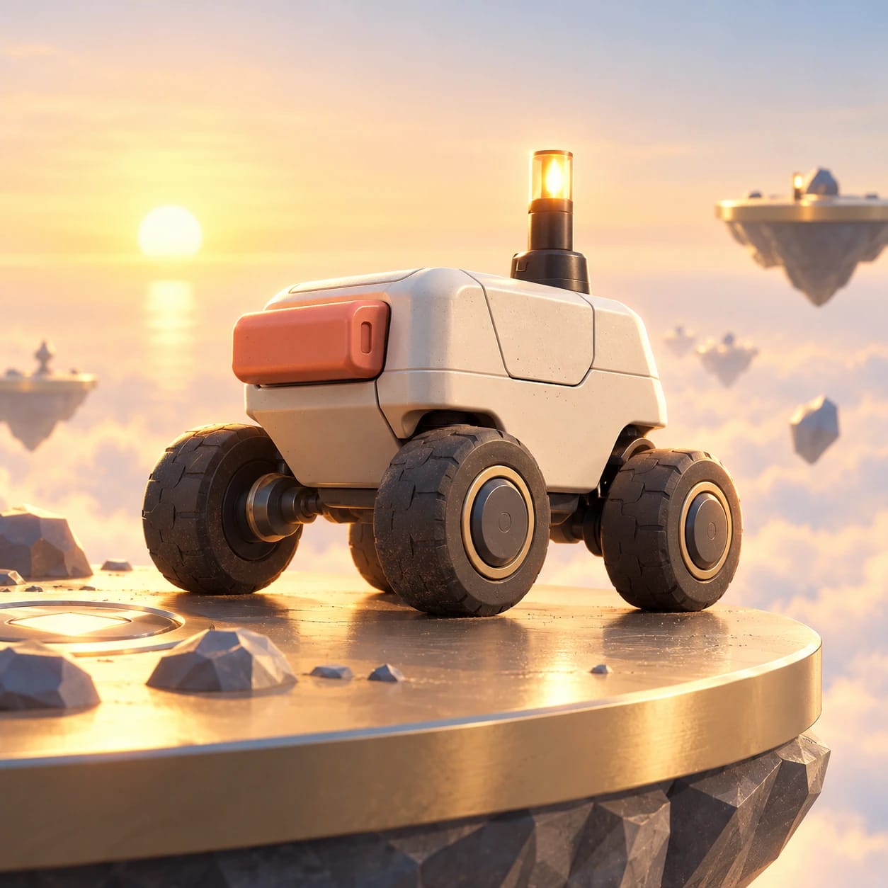 The approved primary Orbit Courier artwork, showing the ceramic rover on a champagne platform