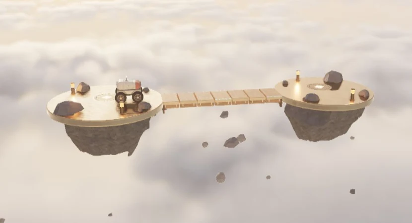 Actual Morning Crossing gameplay: the ceramic courier and a timber bridge between sunlit islands