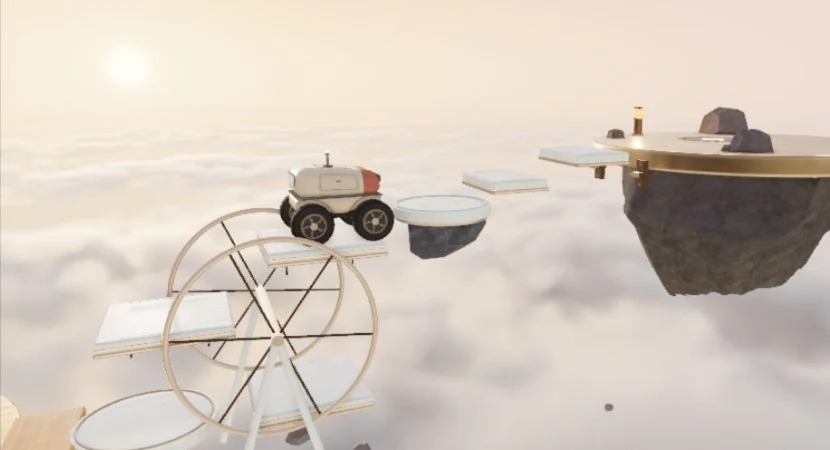 Actual Skywheel Ascent gameplay: a gondola carries the courier toward upper islands and floating steps