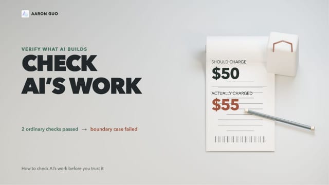A fictional receipt contrasts an expected $50 payment with an actual $55 charge, beside the title Check AI’s Work.