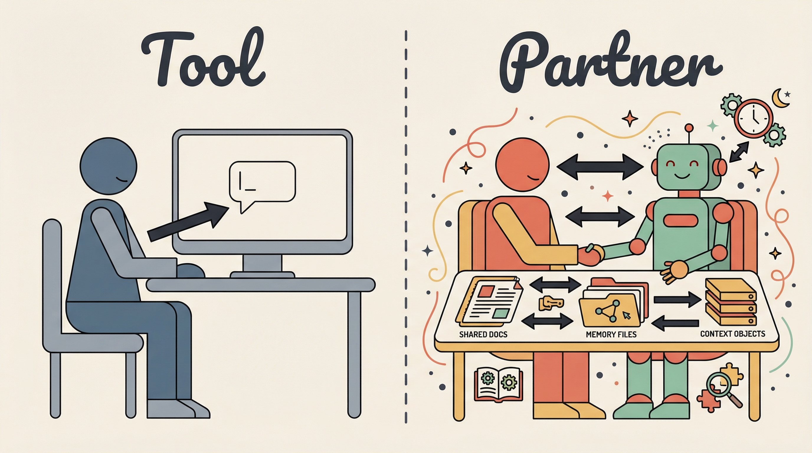 The shift: from AI as a tool you query to AI as a partner you work with