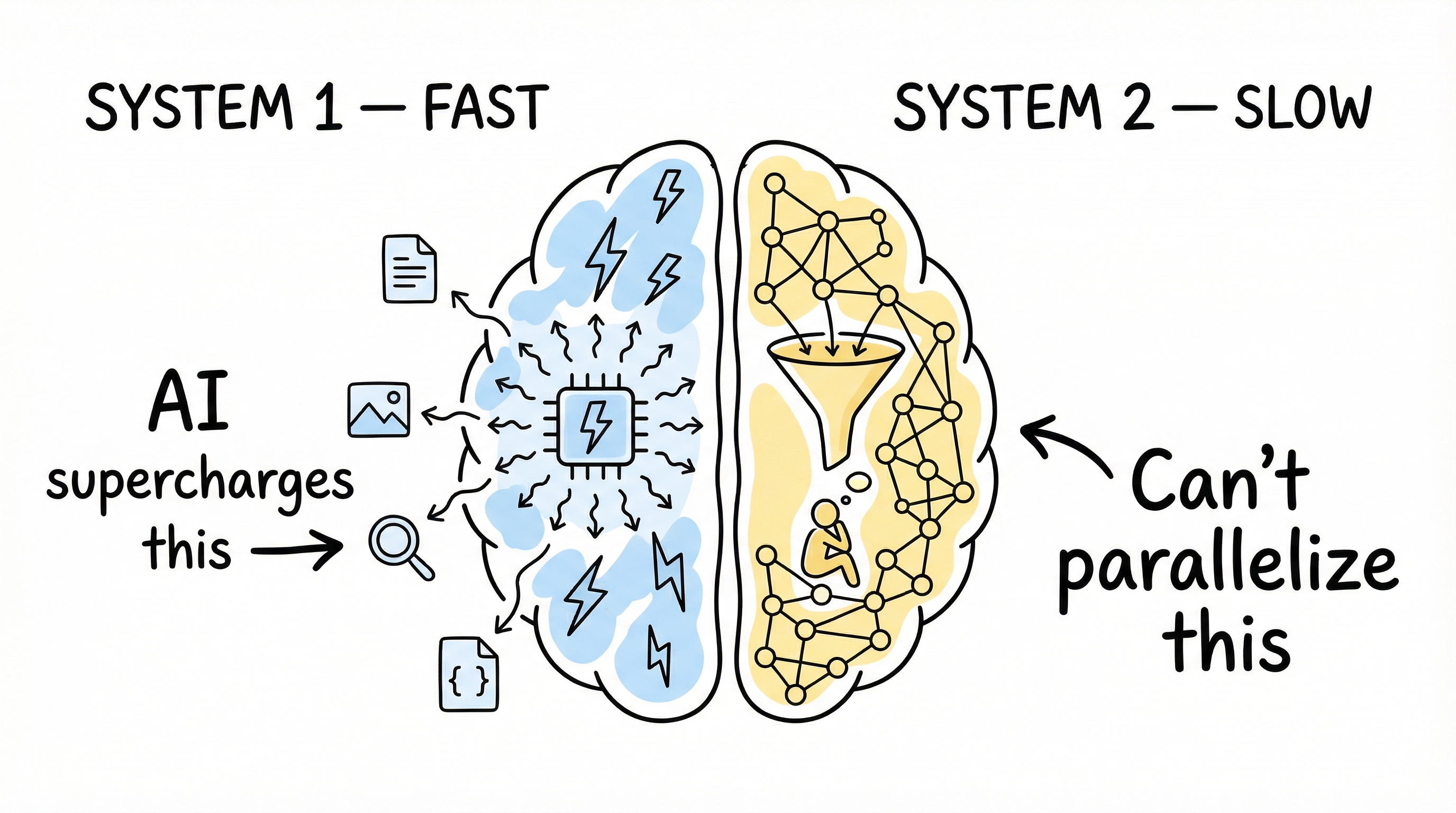 Kahneman's System 1 and System 2, mapped to AI work modes