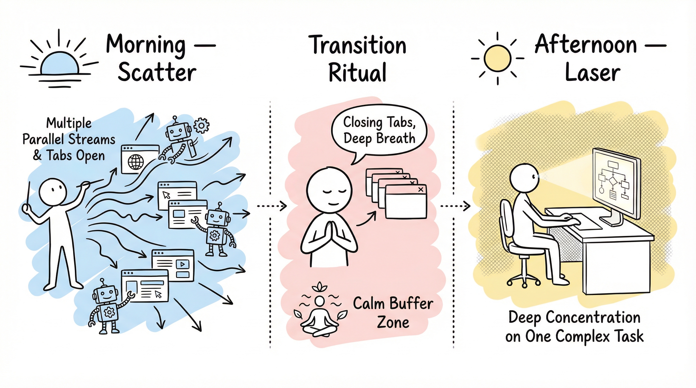 Daily practice: Scatter mornings, Laser afternoons, with a transition ritual