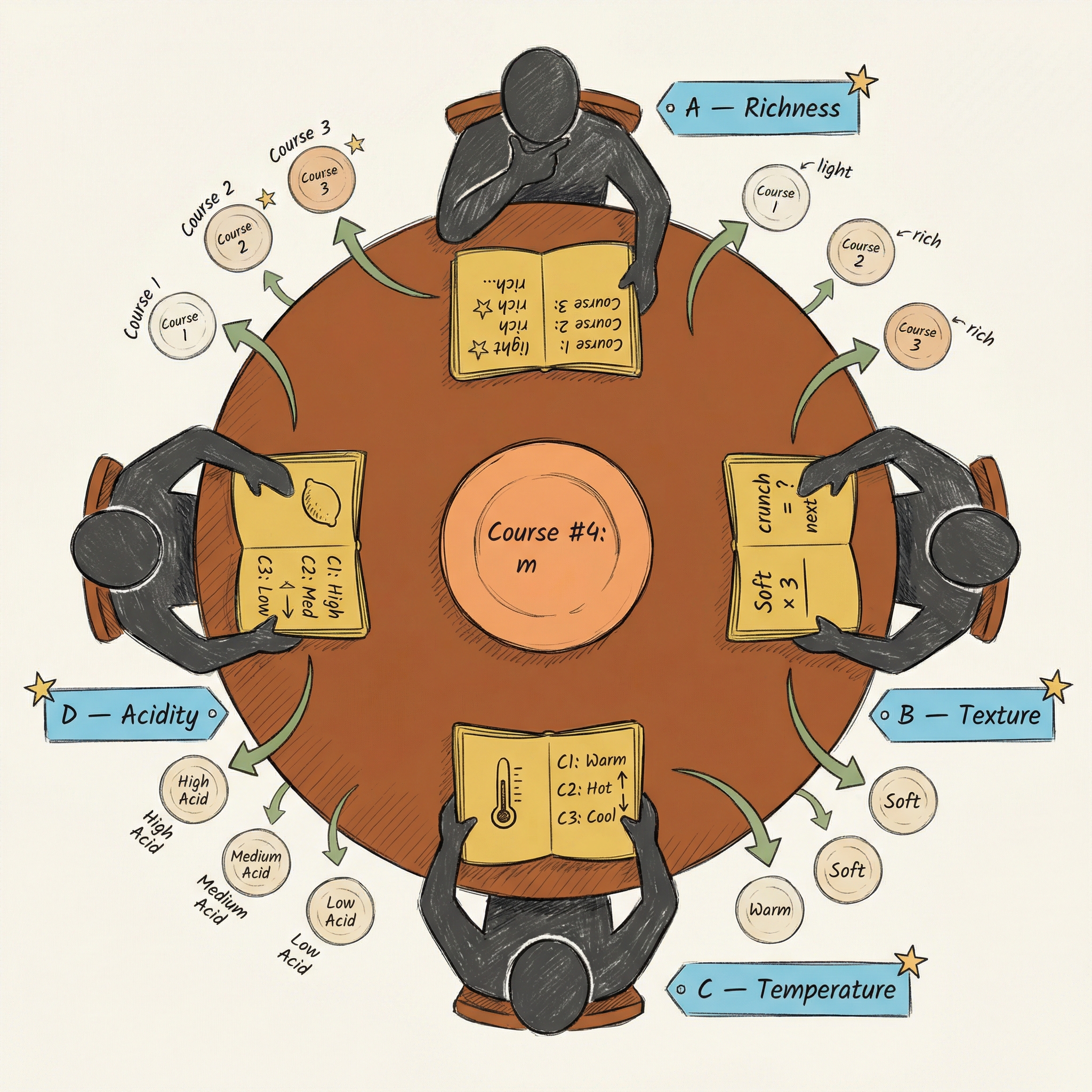Top-down view of the sous chef roundtable: four sous chefs (A=Richness, B=Texture, C=Temperature, D=Acidity) around the central dish "Course #4: m"