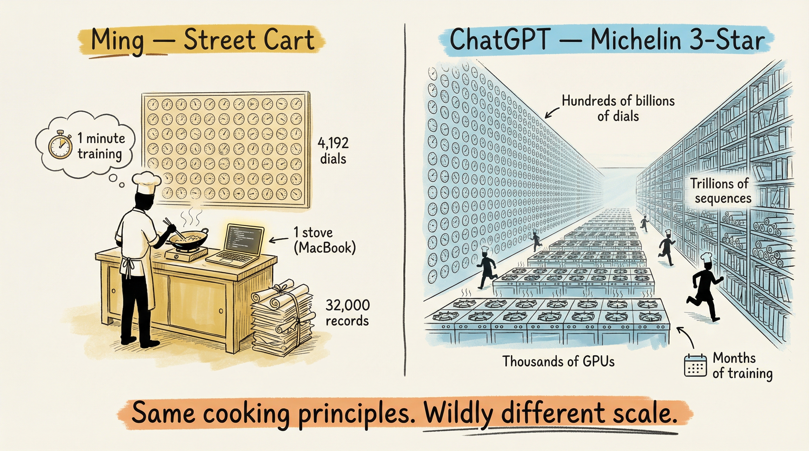 Scale comparison: Ming's humble street cart (4,192 dials, MacBook, 32,000 records) vs. ChatGPT's Michelin kitchen (billions of dials, thousands of GPUs, trillions of records). Footer: "Same cooking principles. Wildly different scale."