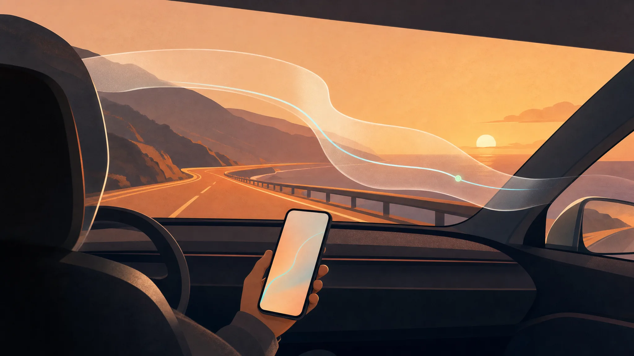 A personal AI operating system running from a phone inside a car on the road to California