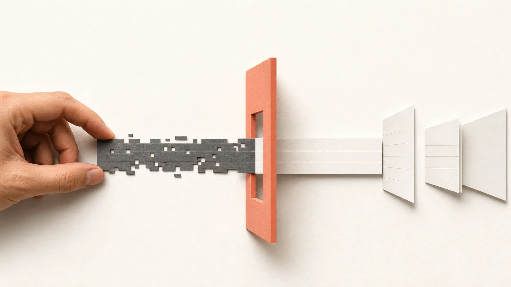 A human hand guides a provisional code strip through an authority gate where it becomes trusted records
