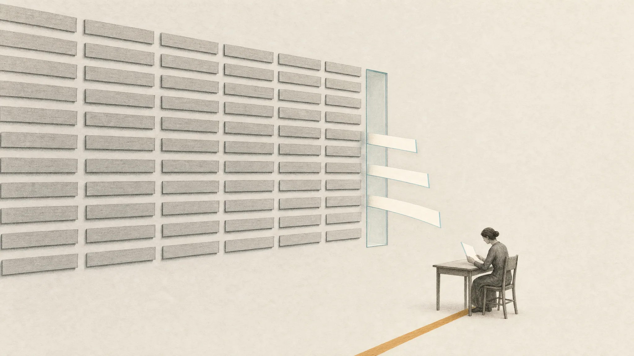 Of 44 archived ledger strips, only three bright cards pass through a narrow glass aperture toward a reader at a desk