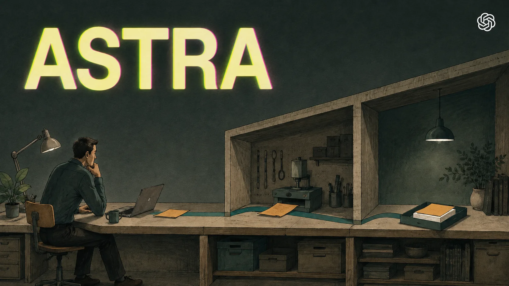 ASTRA launch lettering and OpenAI symbol above an illustrated workbench