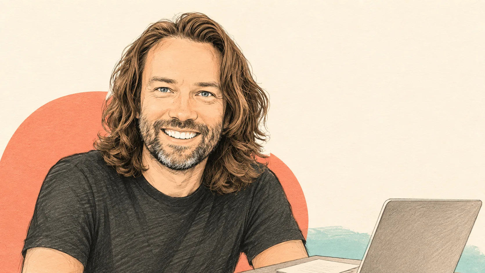 Editorial cartoon portrait of DHH with a laptop on a warm paper background