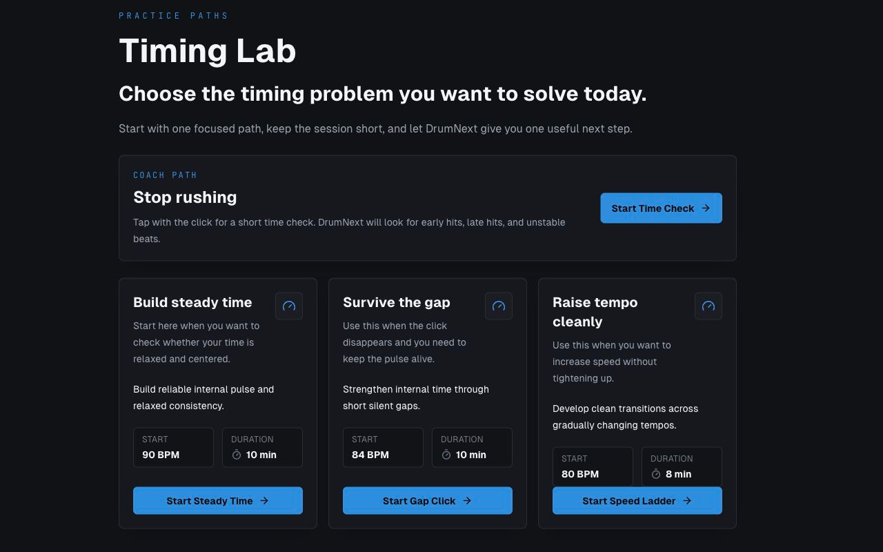 DrumNext Timing Lab interface with guided practice paths for rhythm and tempo.