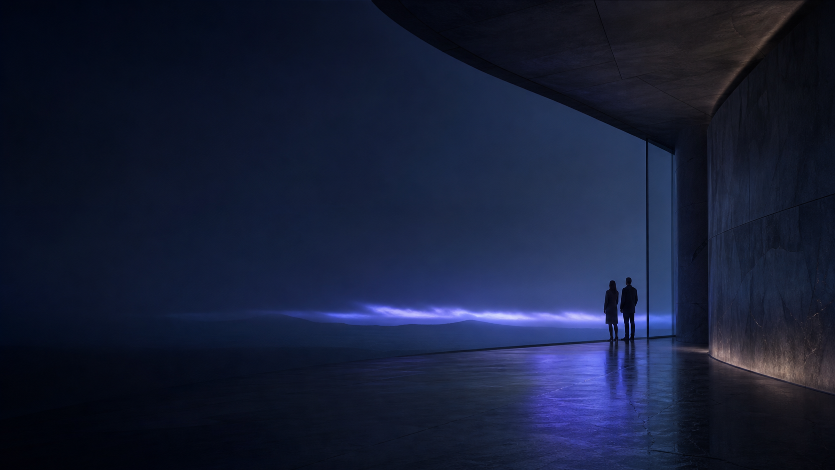 A dark architectural Tesra project scene with a cobalt horizon.